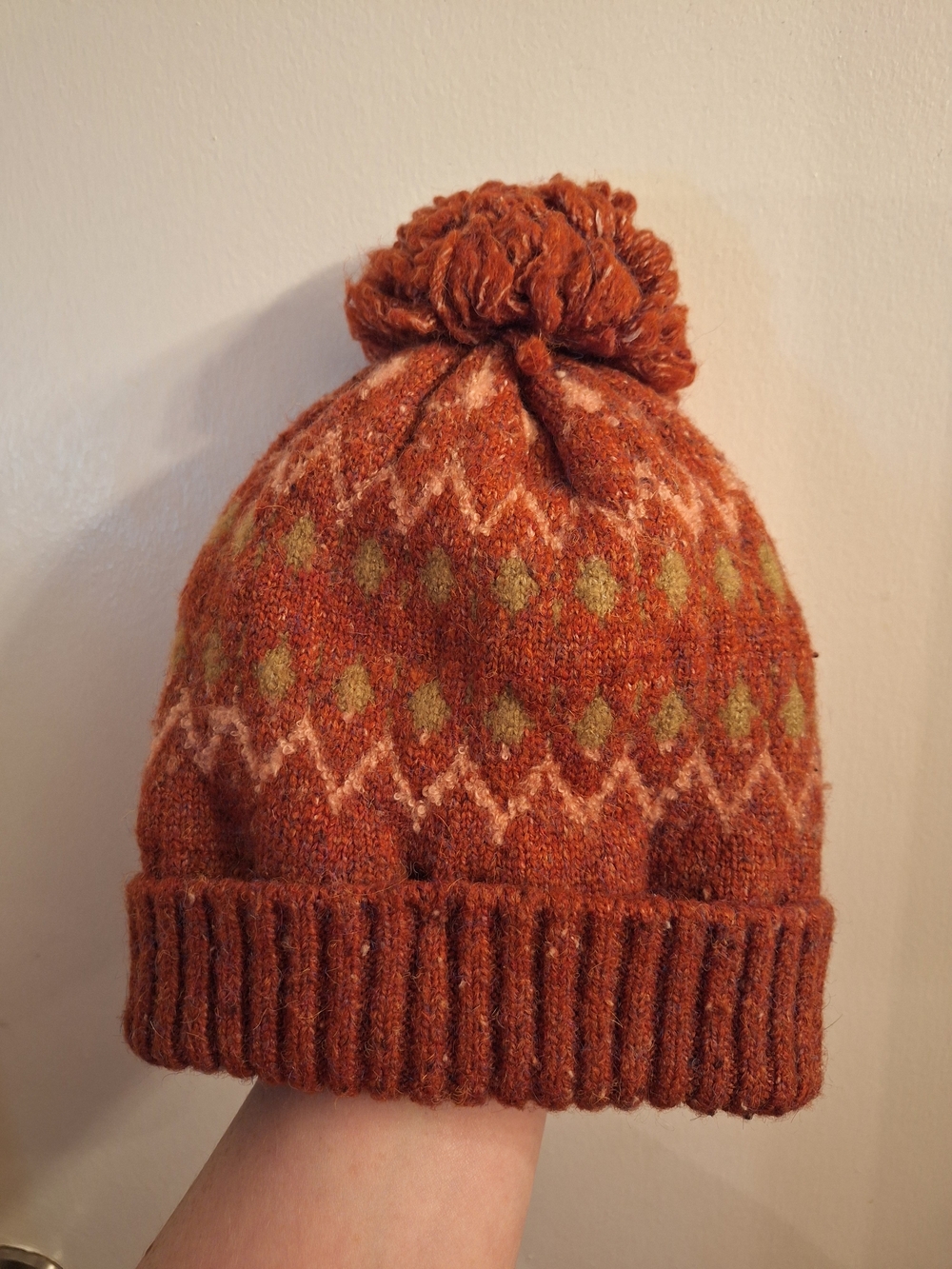 Rust Orange Fair Isle Pom Pom Beanie